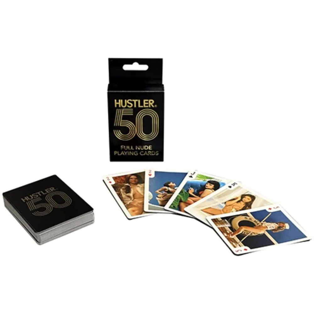 Jeu de cartes Hustler 50 Full Nude avec boîtier noir et doré, incluant 52 cartes illustrées de photos vintage, sur fond blanc