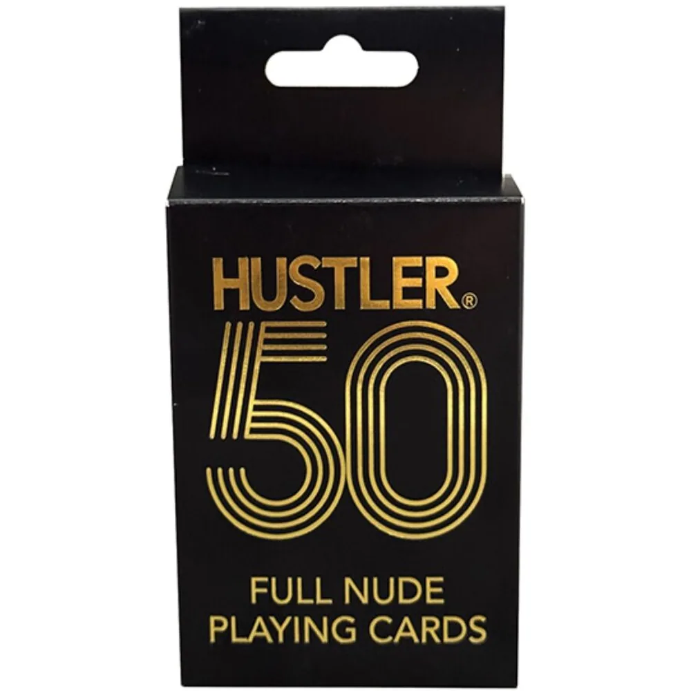 Jeu de cartes Hustler 50 Full Nude avec boîtier noir et doré, incluant 52 cartes illustrées de photos vintage, sur fond blanc
