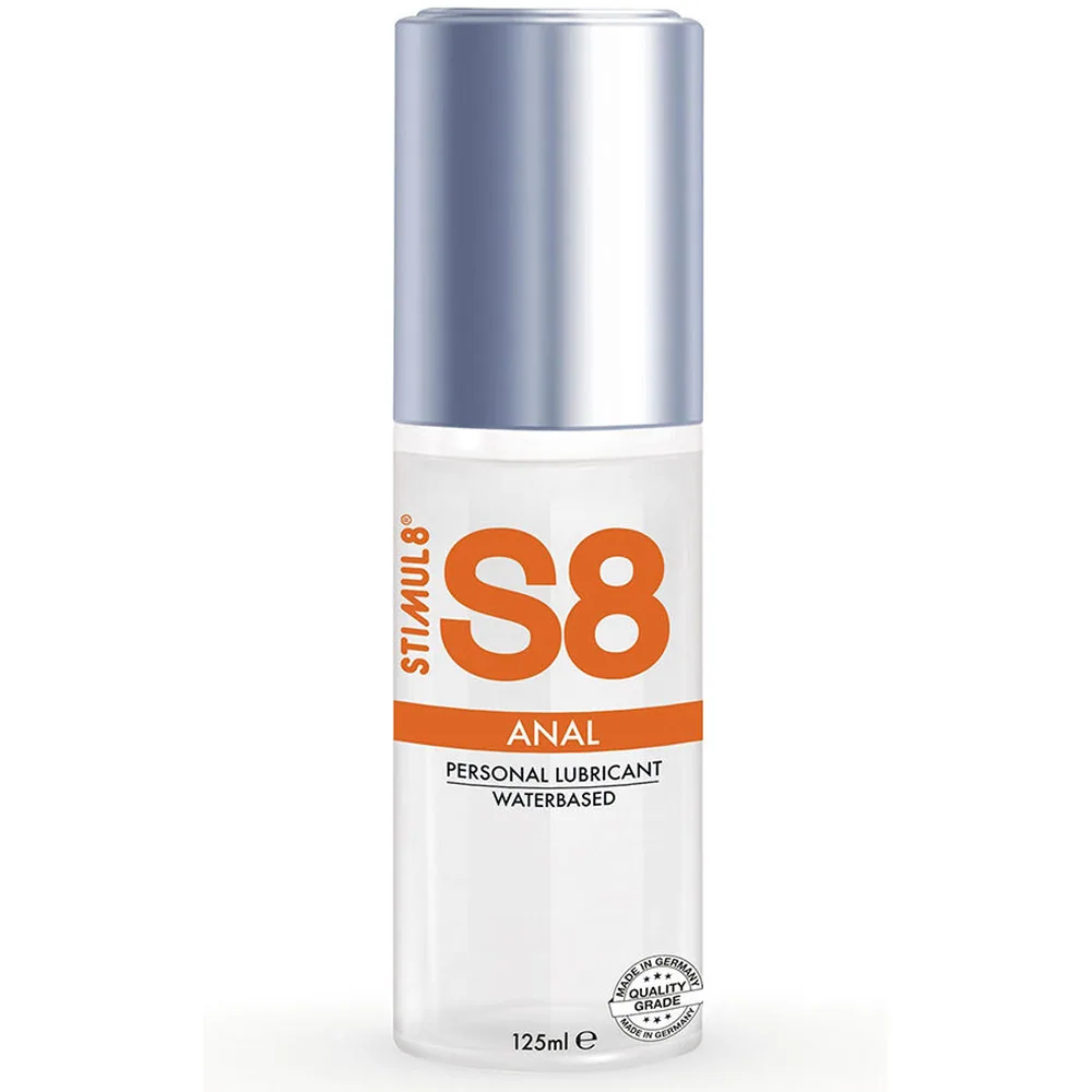 Flacon pompe de lubrifiant anal S8 à base d'eau, 125 ml, avec étiquette blanche et orange et capuchon argenté