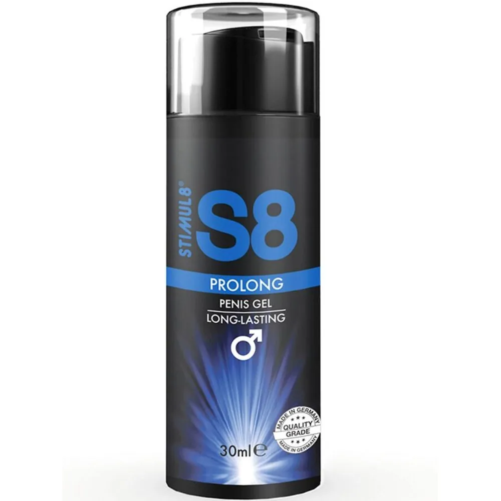 Flacon de gel noir et bleu de 30 ml avec étiquette S8 Prolong Penis Gel, capot transparent, design épuré sur fond blanc