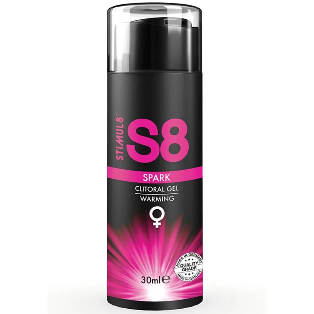 Flacon noir et transparent de gel clitoridien chauffant S8 Spark, 30 ml, avec étiquette rose fluo et motif de rayons lumineux