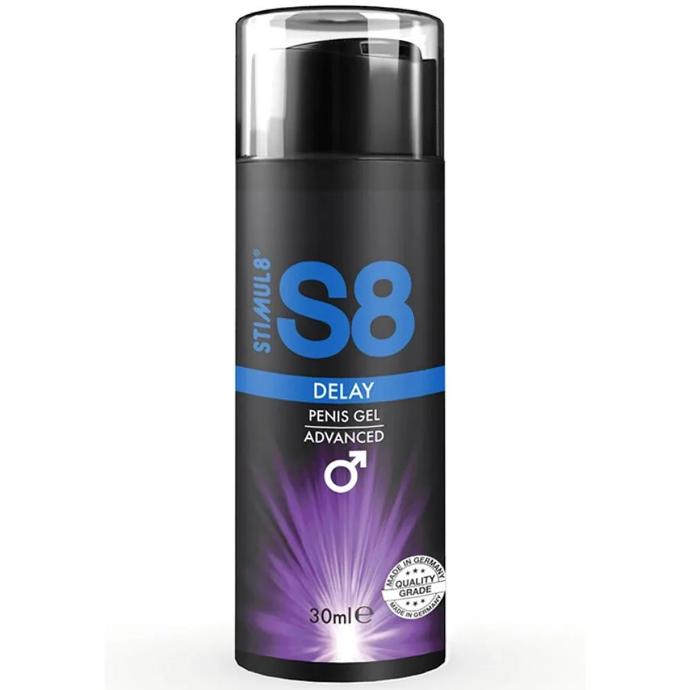Flacon noir et transparent de gel clitoridien chauffant S8 Spark, 30 ml, avec étiquette rose fluo et motif de rayons lumineux