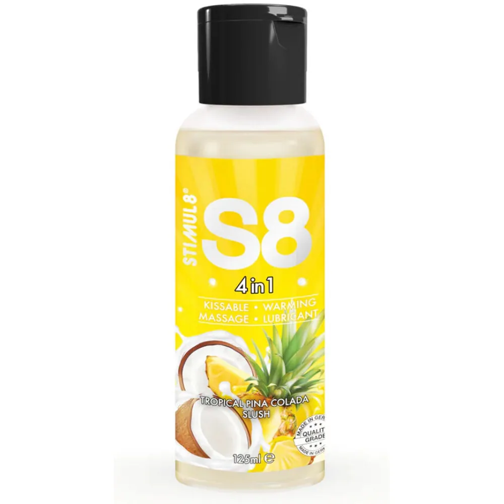Flacon de lubrifiant S8 4 en 1 jaune vif avec étiquette aromatisée Piña Colada, montrant noix de coco et ananas, bouchon noir, 125 ml