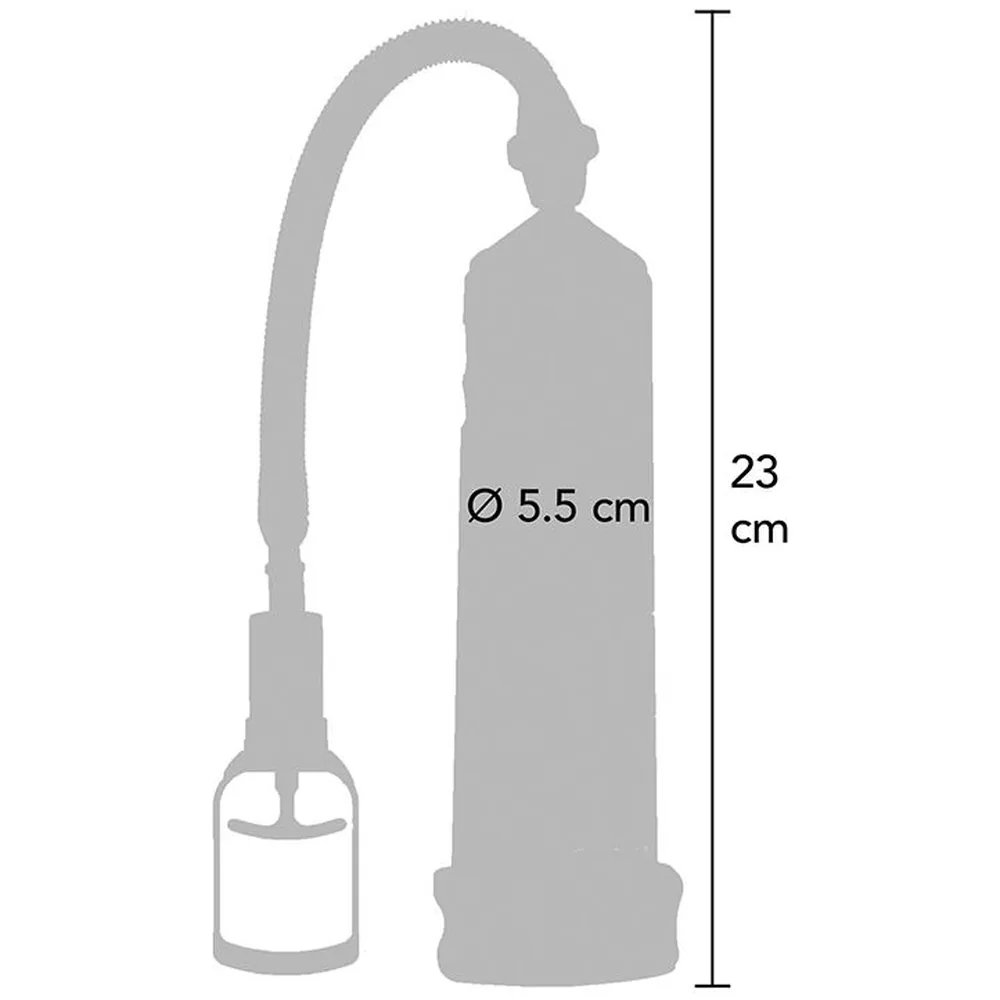 Emballage blanc d'une pompe à pénis Toy Joy avec tube noir flexible et poire de commande, affichant graduations et mention étanche