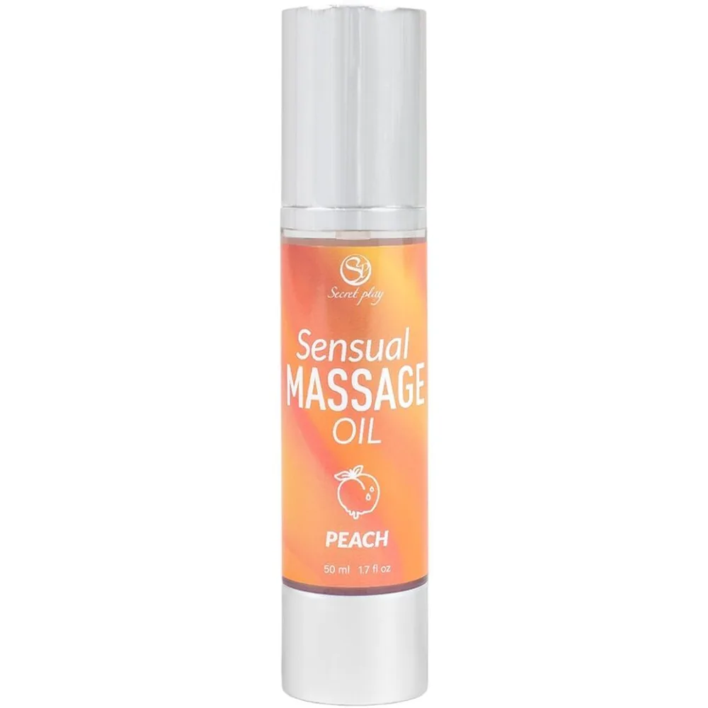 Flacon airless blanc de 50 ml d'huile de massage parfum pêche, étiquette orange avec logo Secret play et inscription Sensual Massage Oil
