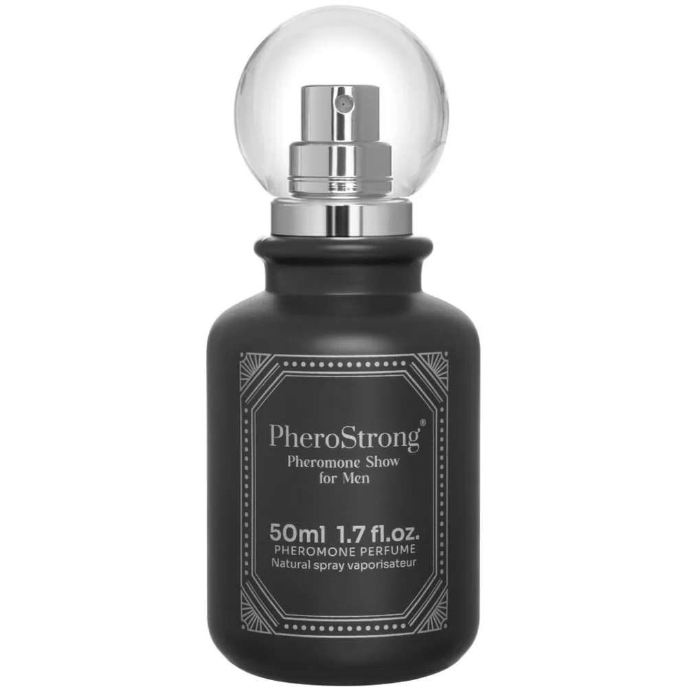 Flacon de parfum aux phéromones PheroStrong noir mat avec bouchon vaporisateur chromé et dôme transparent, étiquette gravée indiquant 50 ml