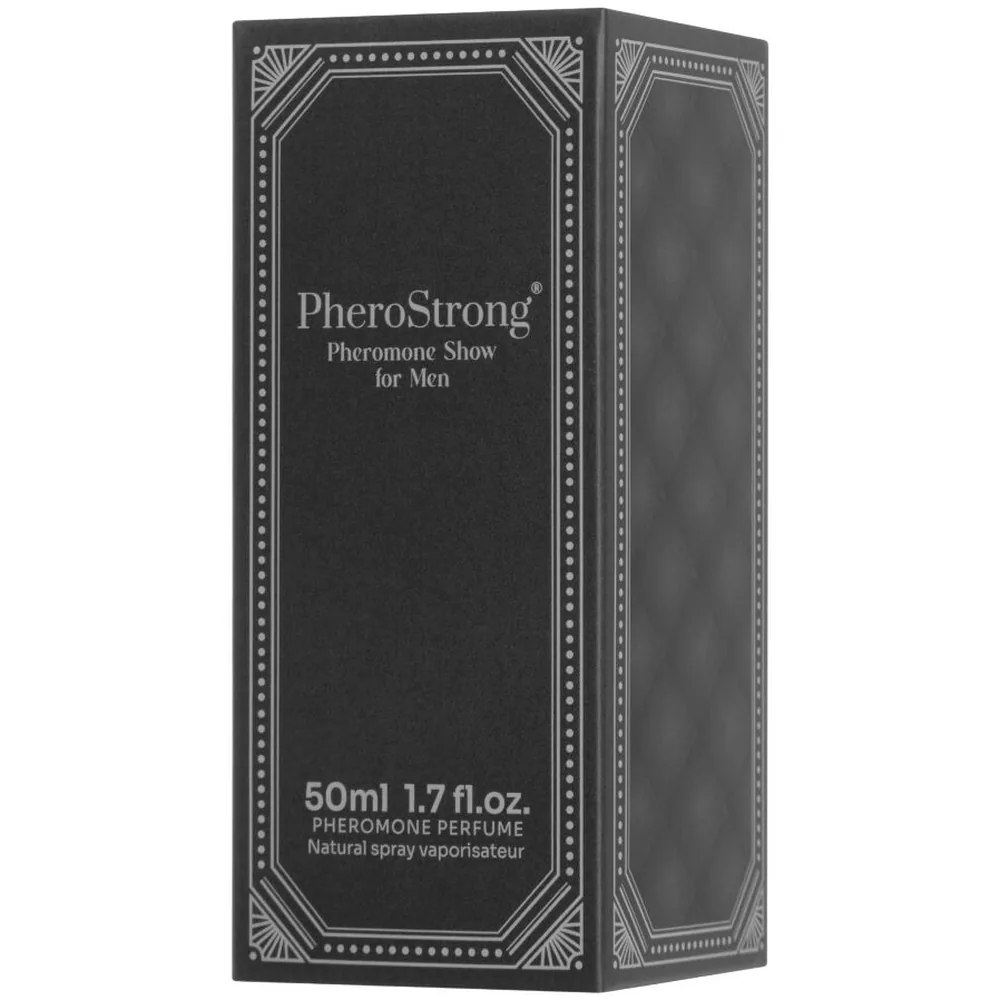 Flacon de parfum aux phéromones PheroStrong noir mat avec bouchon vaporisateur chromé et dôme transparent, étiquette gravée indiquant 50 ml