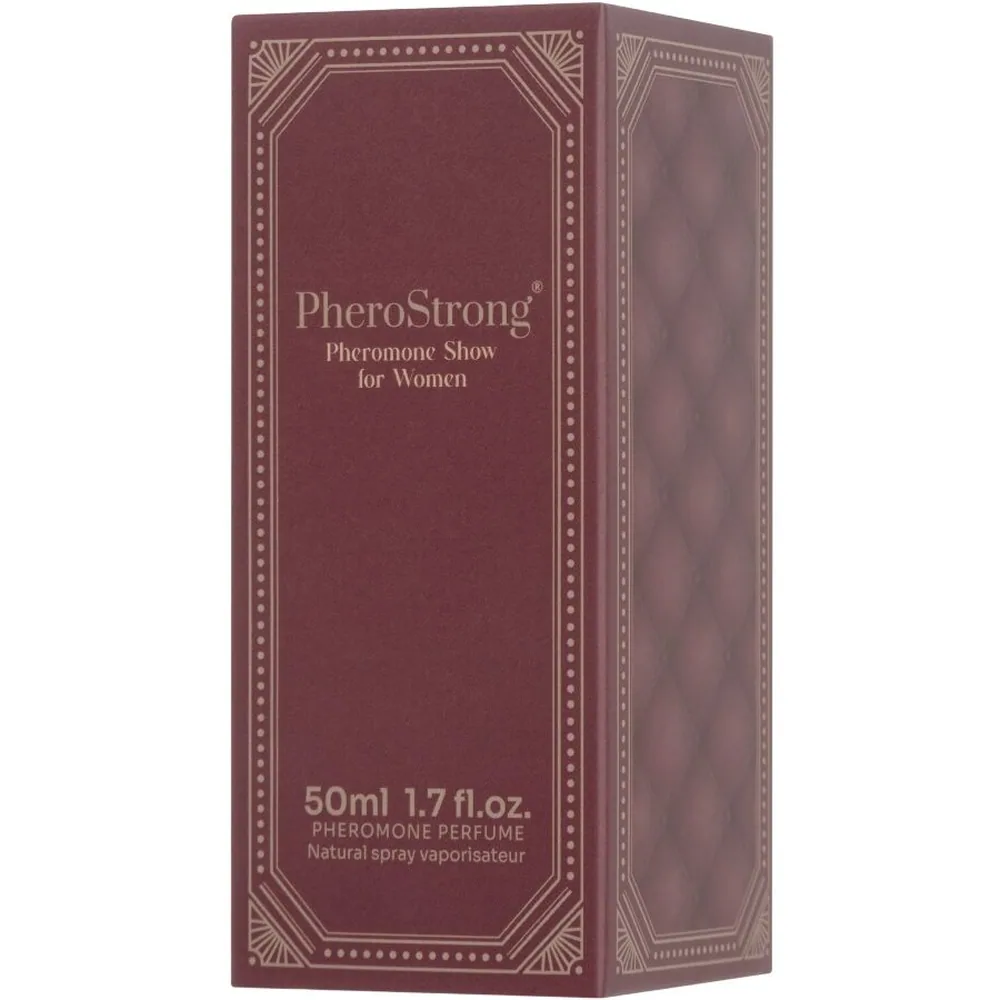 Flacon de parfum aux phéromones PheroStrong couleur bordeaux avec bouchon à pompette doré et dôme transparent, présenté aux côtés de son emballage bordeaux