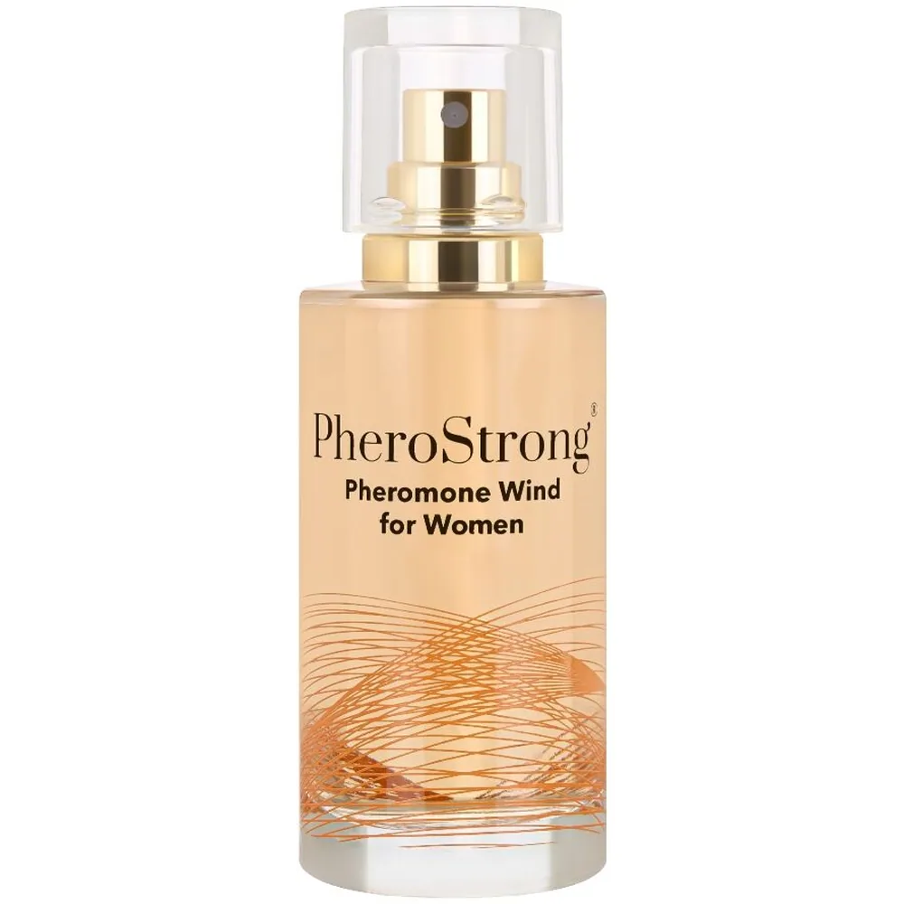 Flacon de parfum aux phéromones PheroStrong Pheromone Wind for Women, liquide beige clair avec bouchon vaporisateur transparent et doré, étiquette ornée de motifs ondulés dorés