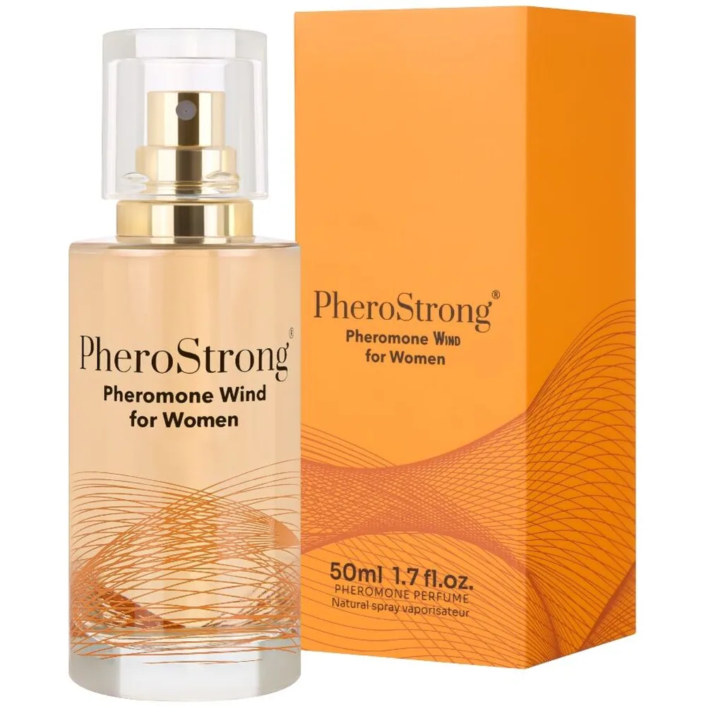 Flacon de parfum aux phéromones PheroStrong Pheromone Wind for Women, liquide beige clair avec bouchon vaporisateur transparent et doré, étiquette ornée de motifs ondulés dorés