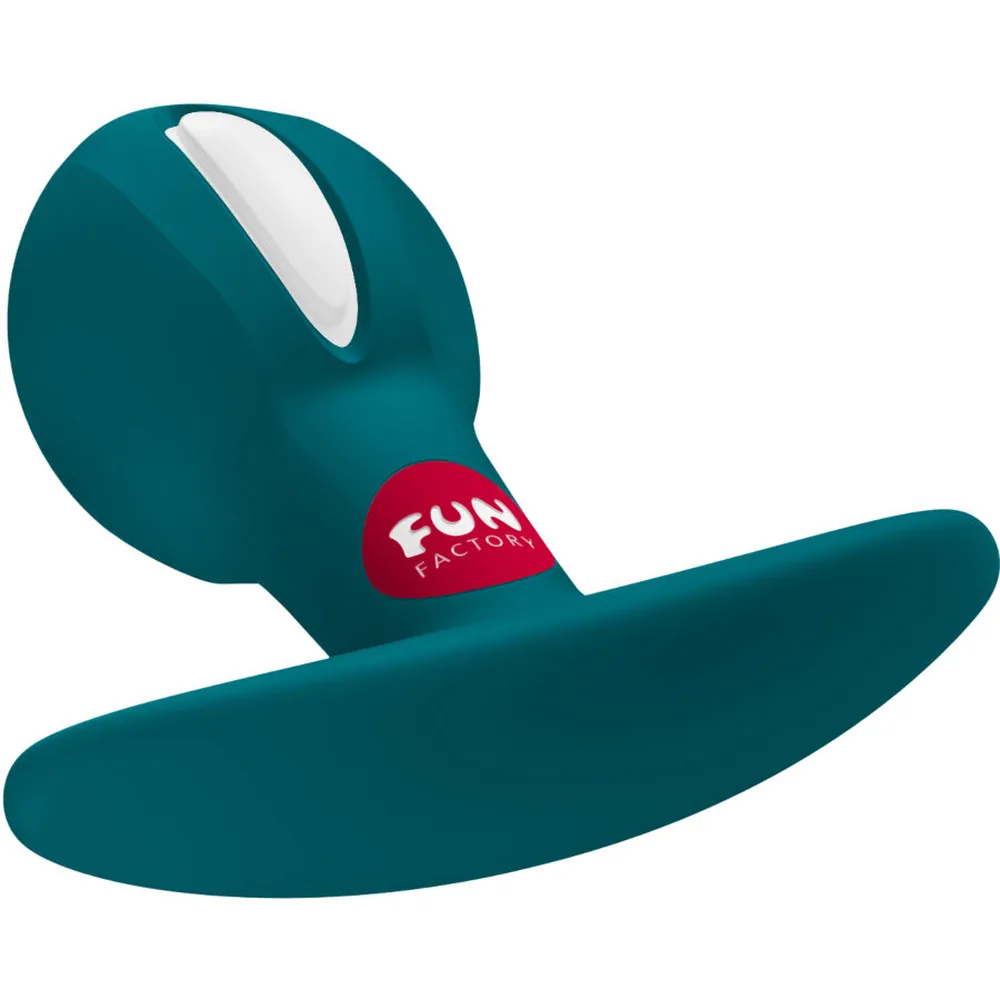 Plug anal en silicone bleu canard avec base évasée en forme d'aileron, ouverture ovale au sommet et logo Fun Factory rouge