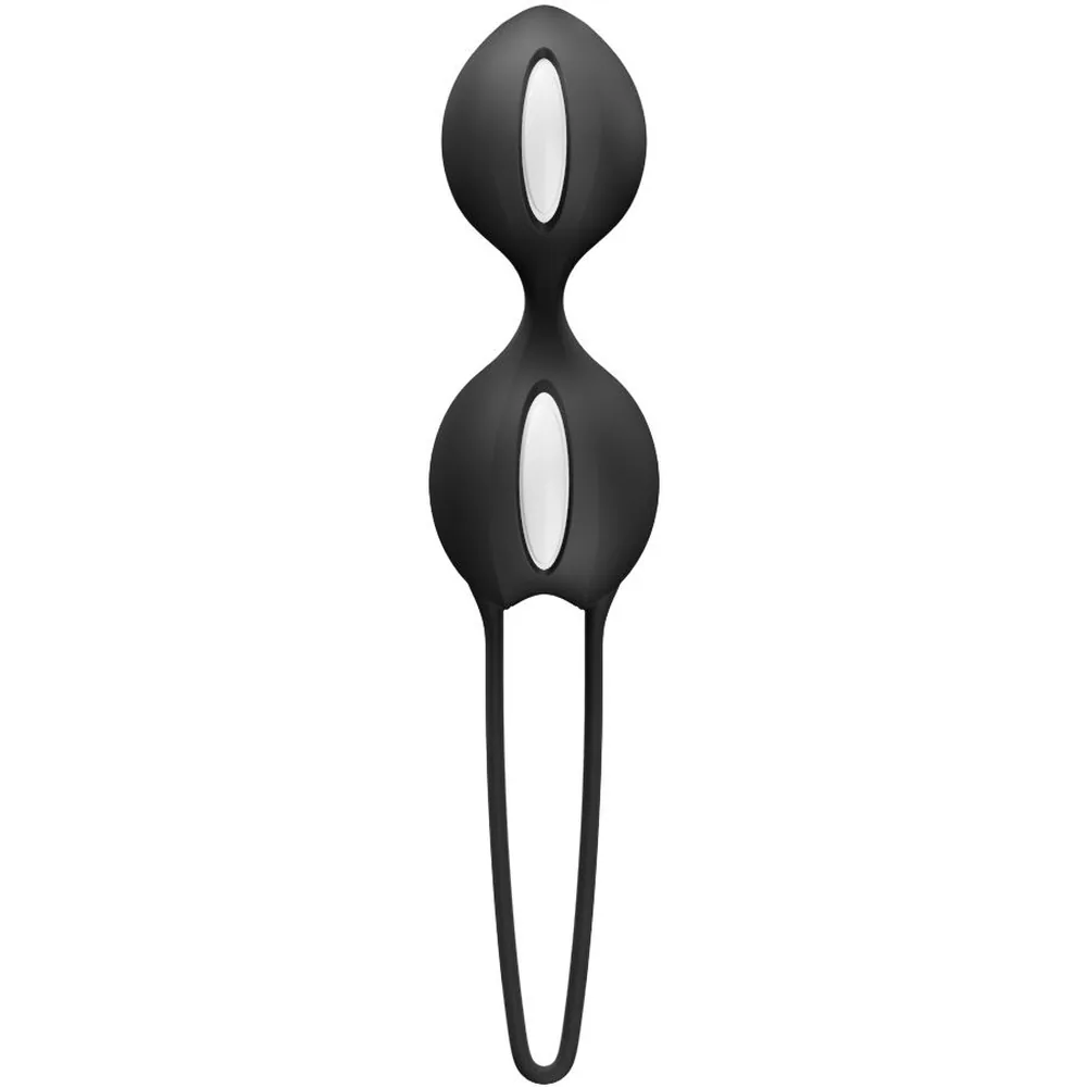 Boules de Geisha en silicone noir avec connecteur de liaison, deux sphères lisses reliées par une tige fine, fond blanc