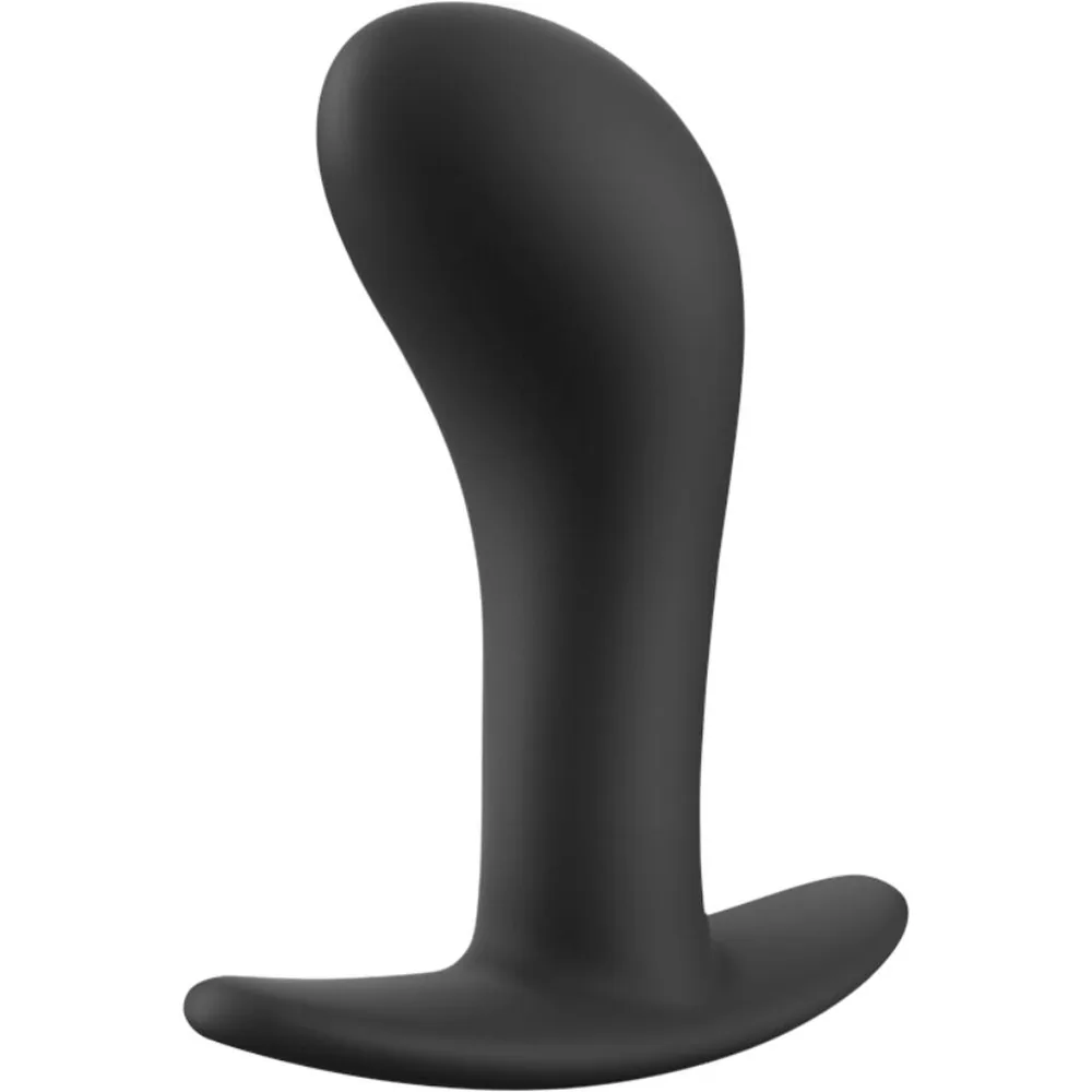 Plug anal noir en silicone, forme ergonomique incurvée avec base plate, sur fond blanc