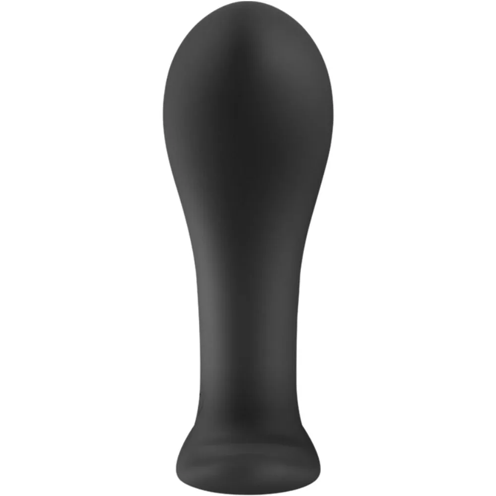 Plug anal noir en silicone, forme ergonomique incurvée avec base plate, sur fond blanc