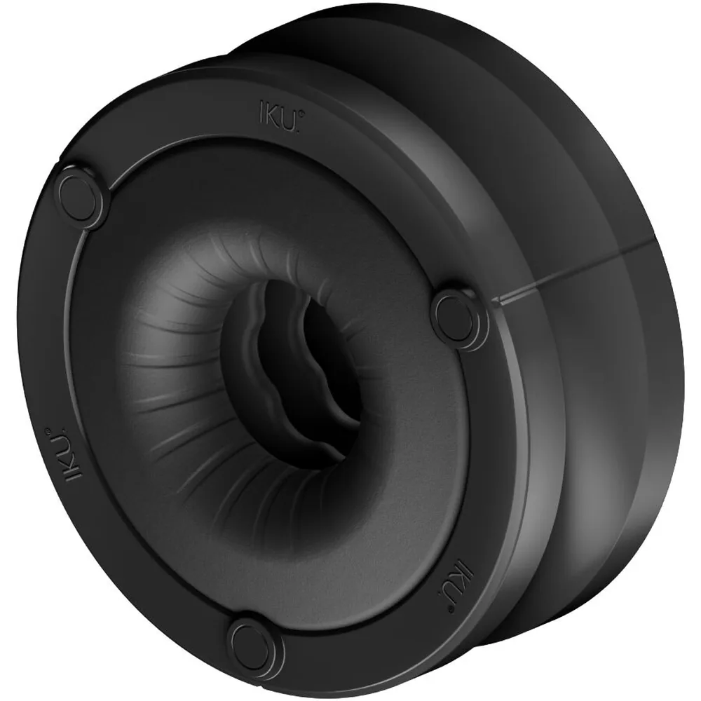 Masturbateur noir en silicone avec gaine amovible, texture ondulée visible à l'intérieur, quatre repères de grip en relief sur le corps, ouverture centrale