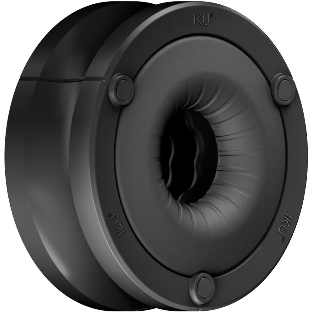 Masturbateur noir en silicone avec gaine amovible, texture ondulée visible à l'intérieur, quatre repères de grip en relief sur le corps, ouverture centrale