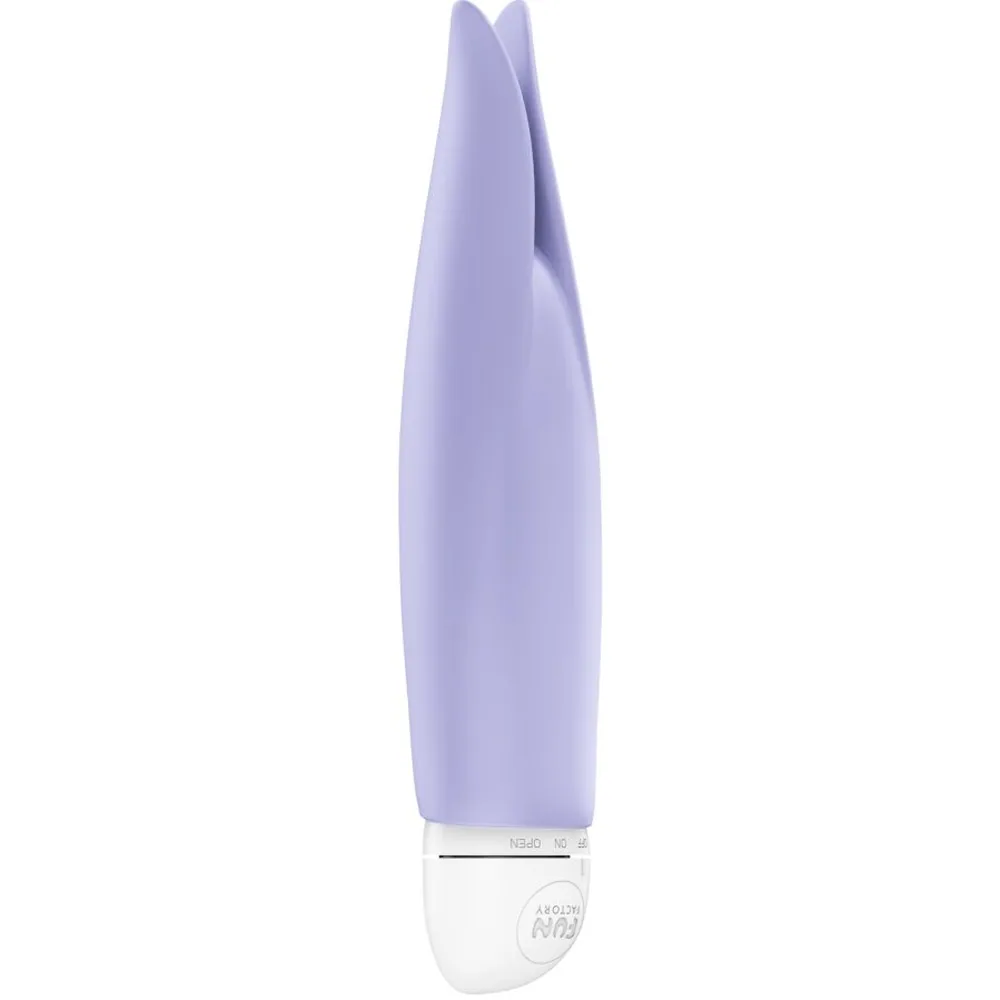 Vibromasseur Volita en silicone lavande et blanc, forme effilée avec embout pointu, base blanche arrondie, sur fond blanc