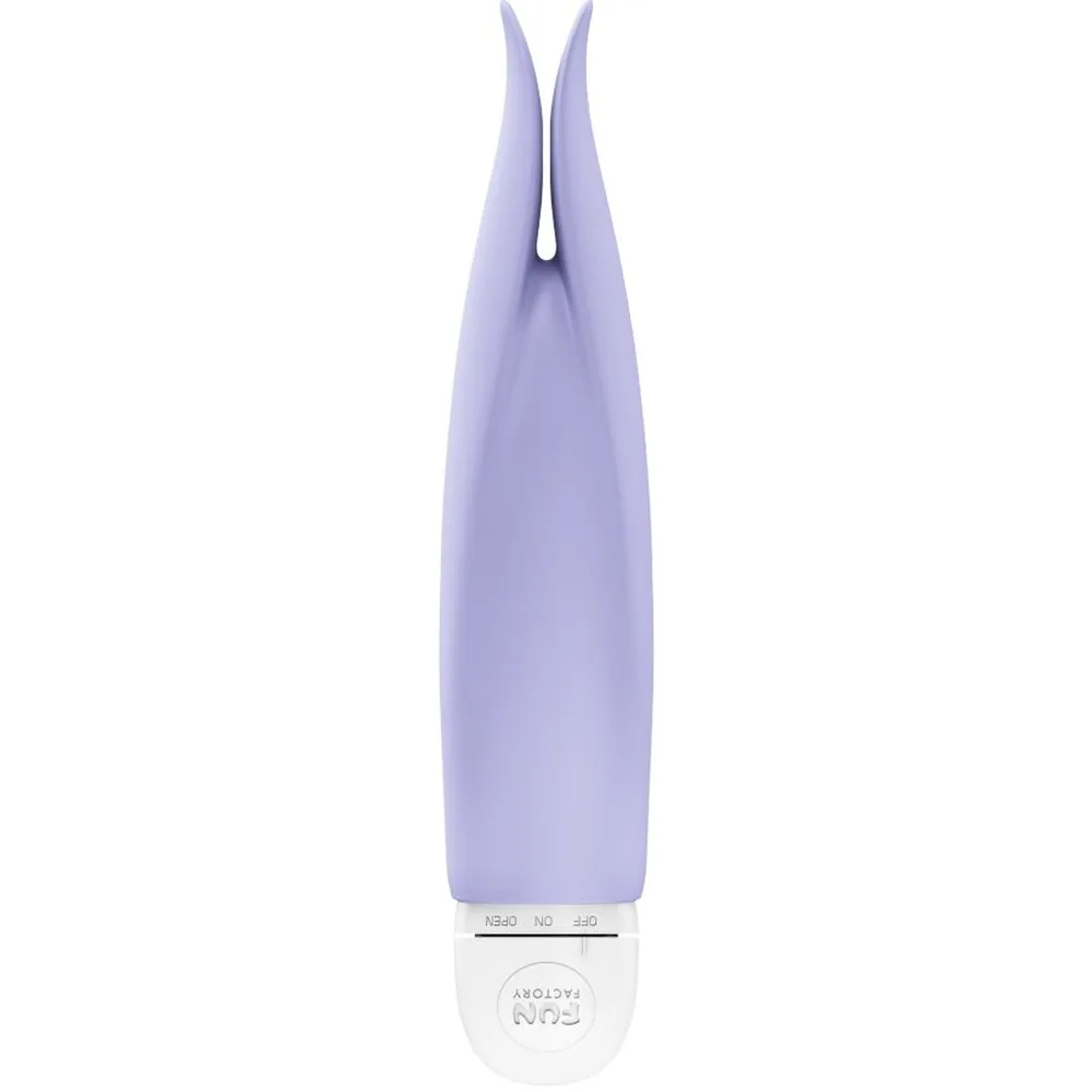 Vibromasseur Volita en silicone lavande et blanc, forme effilée avec embout pointu, base blanche arrondie, sur fond blanc