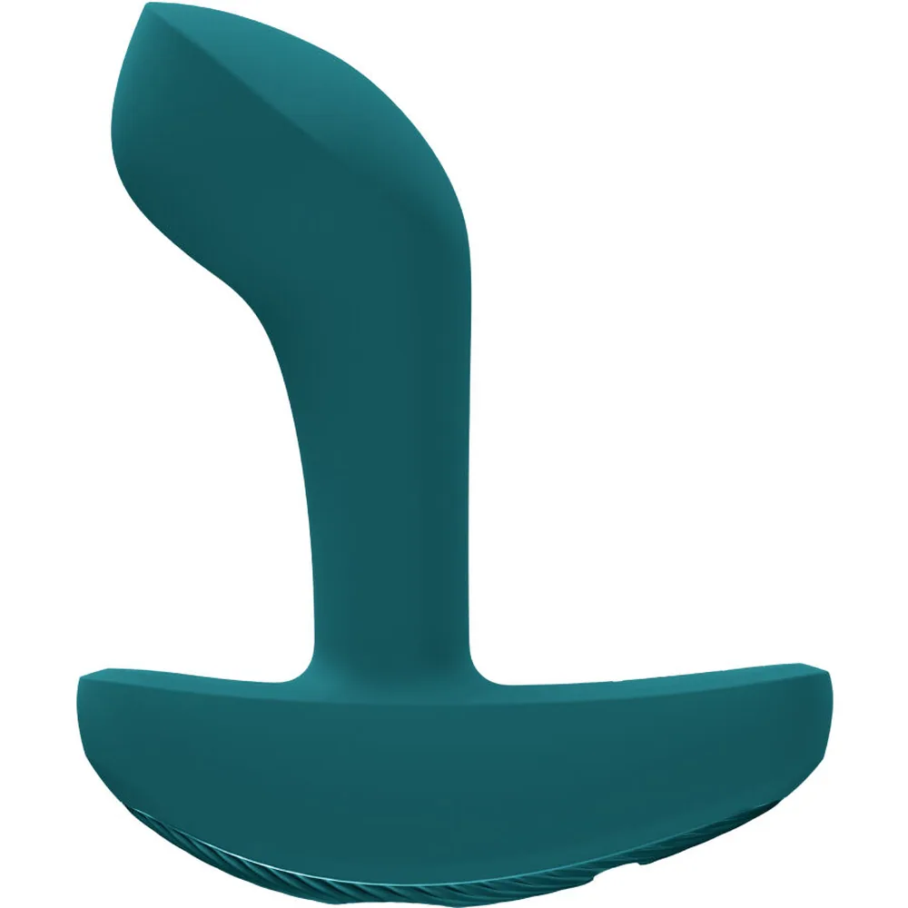 Stimulateur anal en silicone bleu canard avec base évasée, forme courbe et ergonomique sur fond blanc