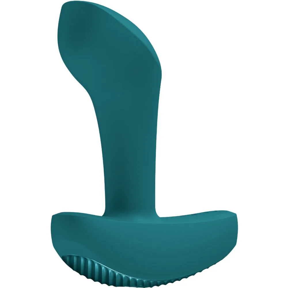 Stimulateur anal en silicone bleu canard avec base évasée, forme courbe et ergonomique sur fond blanc
