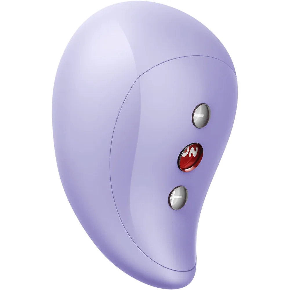 Vibromasseur violet lavande en forme de galet arrondi avec trois boutons de contrôle en métal sur le côté et un logo rouge au centre, fond blanc