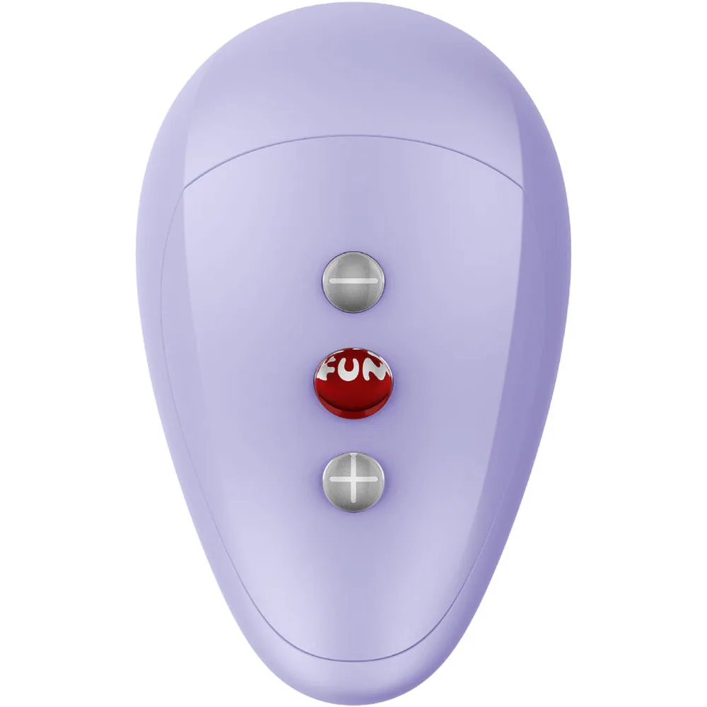 Vibromasseur violet lavande en forme de galet arrondi avec trois boutons de contrôle en métal sur le côté et un logo rouge au centre, fond blanc