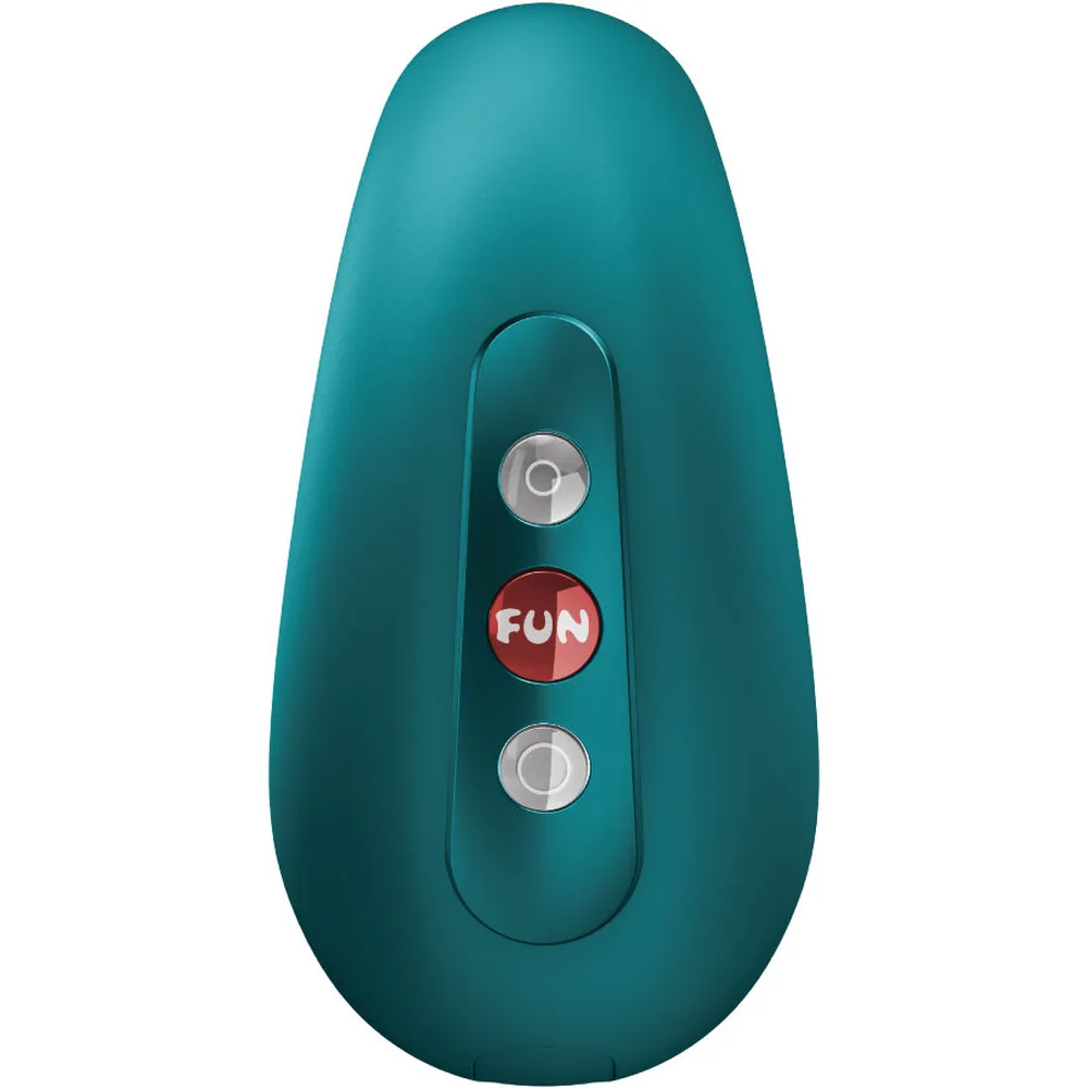 Vibromasseur teal bombé avec panneaux de contrôle latéraux : trois boutons de sélection et logo FUN, design ergonomique lisse