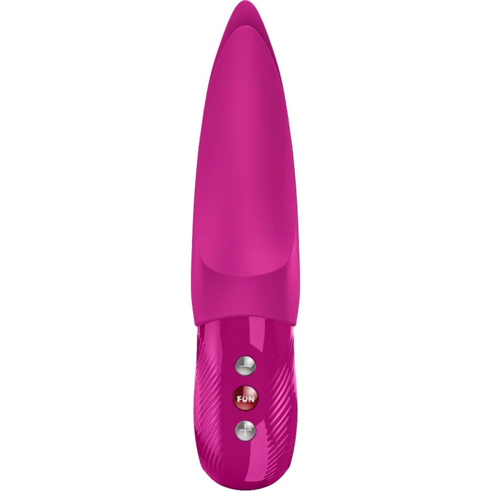 Vibromasseur rose fuchsia avec embout fourchu à deux branches souples et poignée striée dotée de boutons de contrôle, sur fond blanc