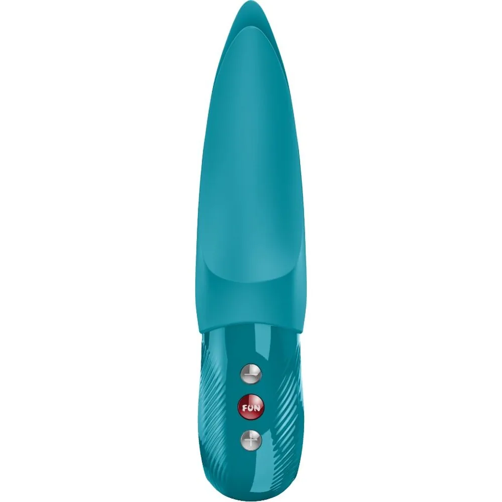 Vibromasseur Porter Volta en silicone bleu canard, forme allongée effilée, avec poignée striée équipée de trois boutons de contrôle, sur fond blanc