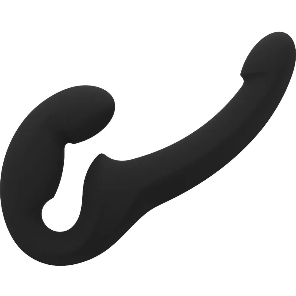 Double gode en silicone noir sans harnais, design courbé avec deux extrémités arrondies de tailles différentes, sur fond blanc