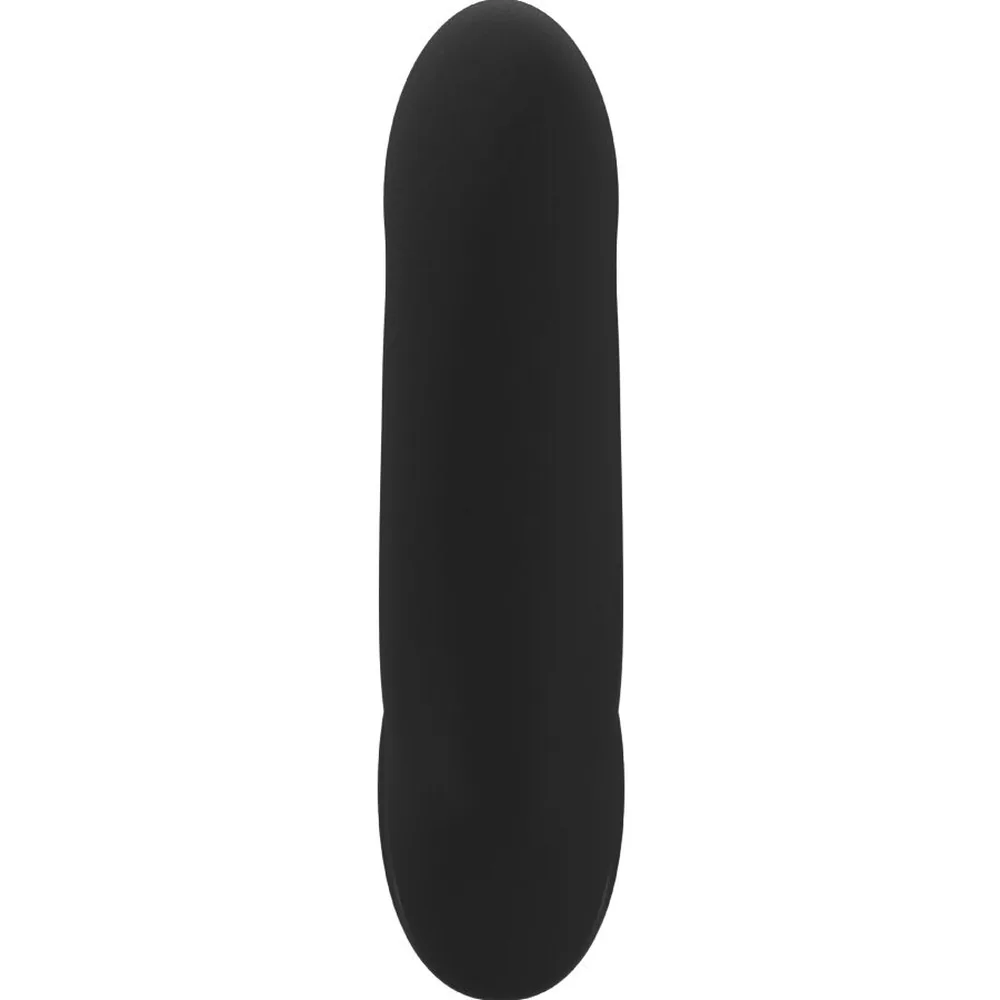 Double gode en silicone noir sans harnais, design courbé avec deux extrémités arrondies de tailles différentes, sur fond blanc