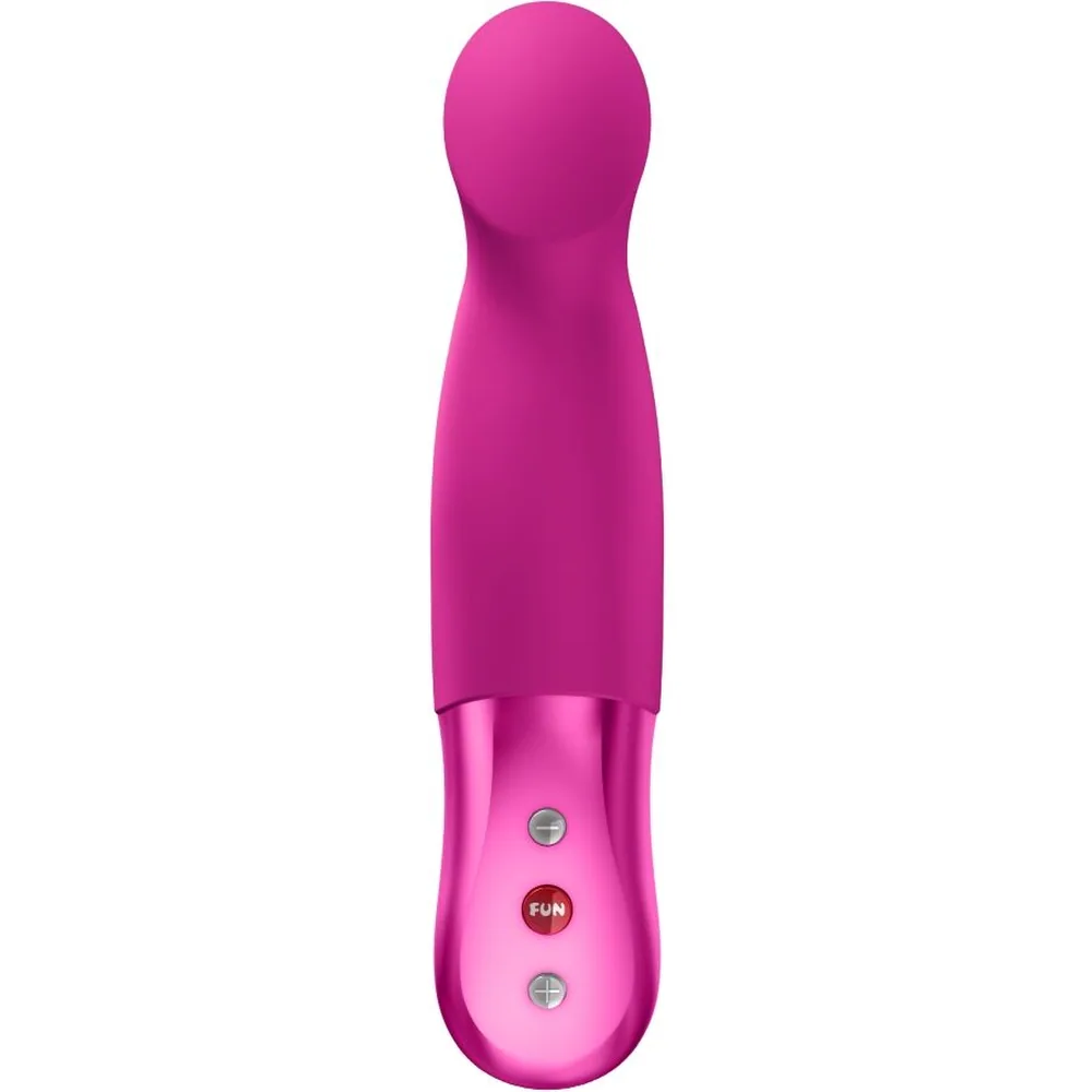 Stimulateur clitoridien rose fuchsia avec tête arrondie et corps effilé, contrôles de mode visibles sur le manche, fond blanc