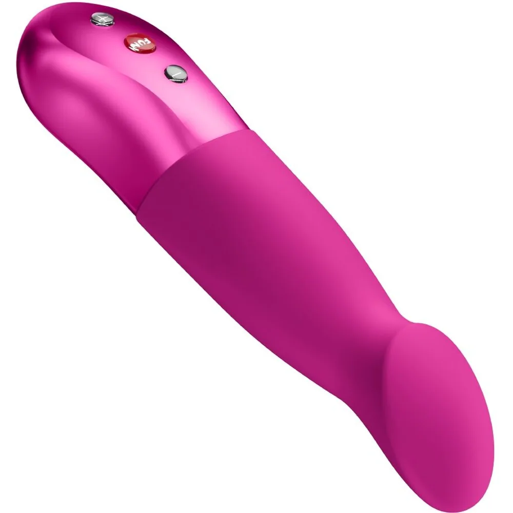 Stimulateur clitoridien rose fuchsia avec tête arrondie et corps effilé, contrôles de mode visibles sur le manche, fond blanc