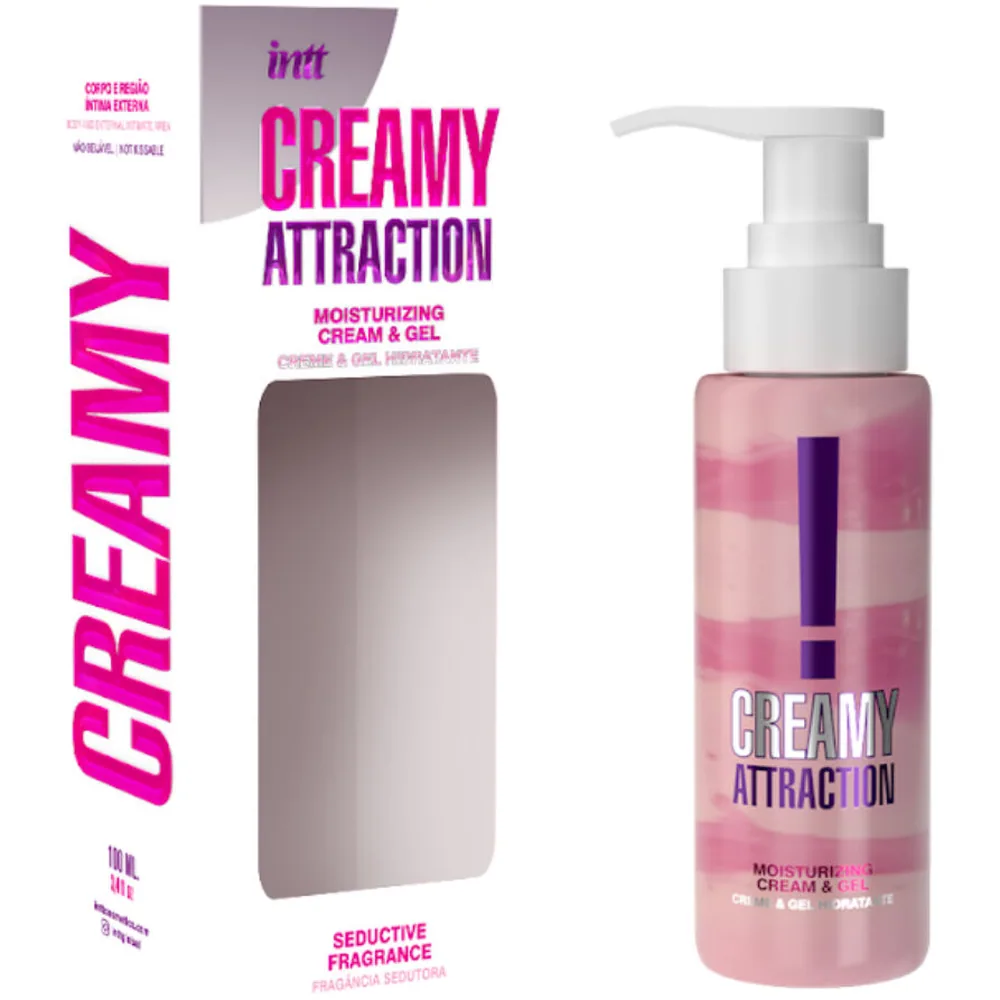Flacon pompe de 150 ml contenant une crème-gel rose pâle, étiquette rose et mauve avec logo et texte « Creamy Attraction »