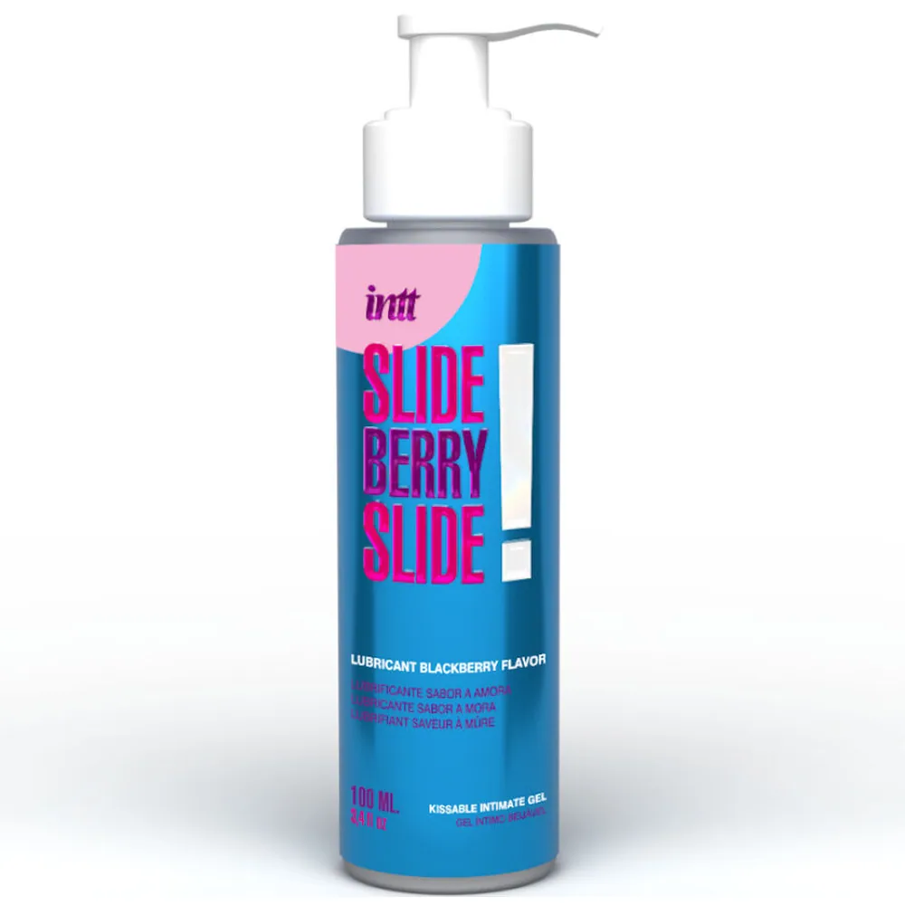 Flacon bleu et rose de lubrifiant intime Intt Slide Berry Slide, 200 ml, avec pompe doseuse blanche et étiquette mentionnant le goût mûre