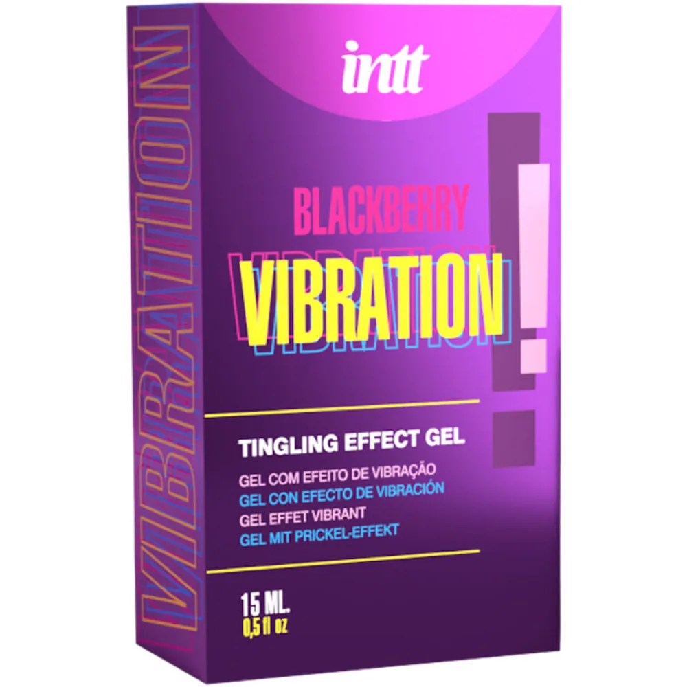 Flacon blanc et violet de gel vibrant Blackberry Vibration Tingling Effect de la marque Intt, 50 ml environ