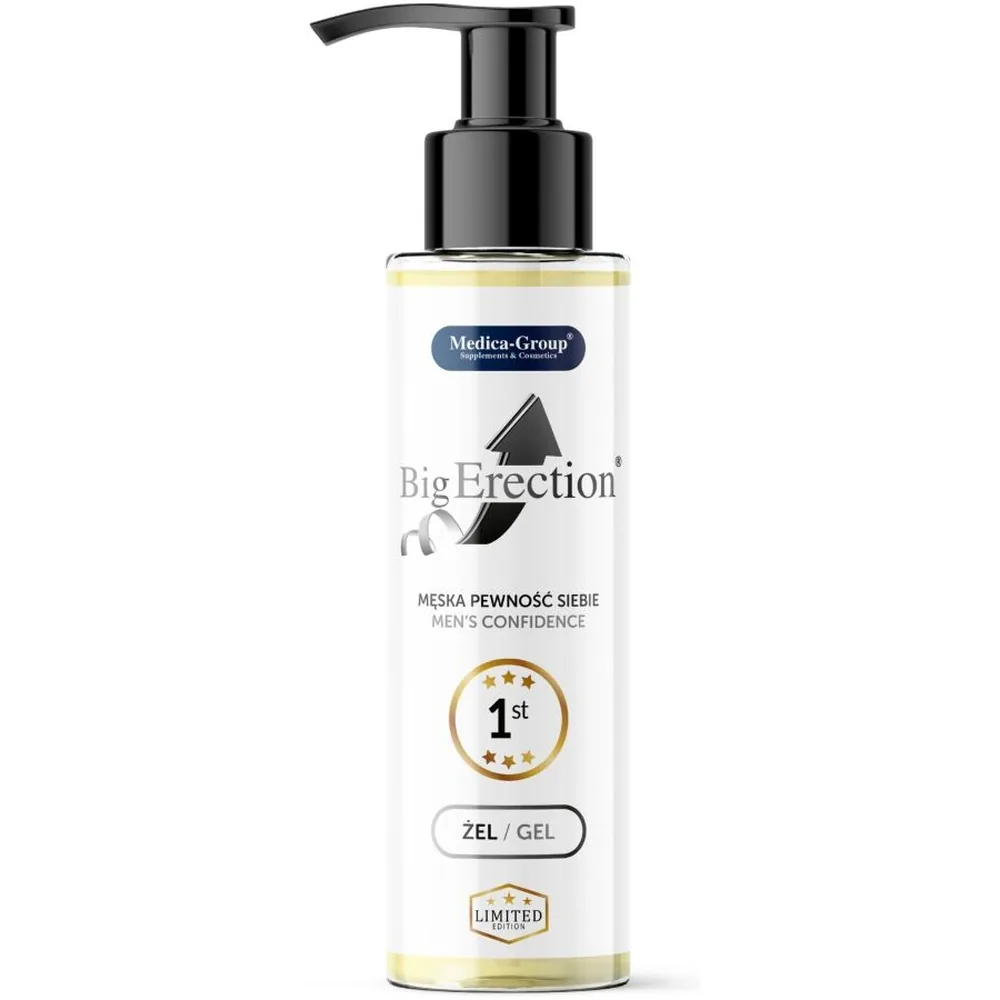 Emballage blanc du gel intime BigErection de Medica-Group, flacon de 150 ml avec pompe, effet chauffant, format limité