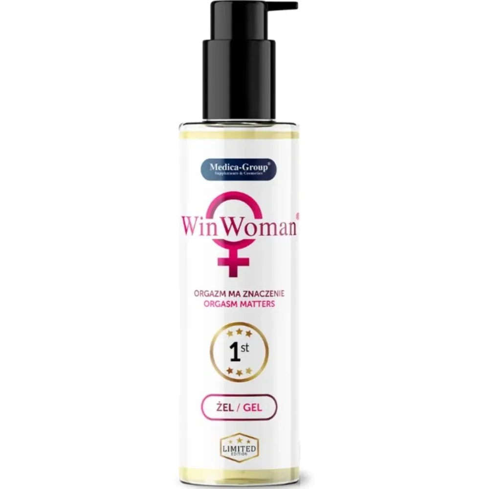 Flacon de gel intime Win Woman Medica-Group avec pompe noire, liquide jaune pâle visible, étiquette blanche et rose avec logo féminin