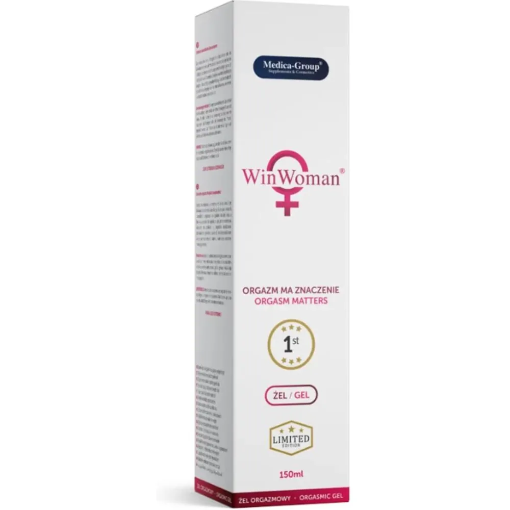 Flacon de gel intime Win Woman Medica-Group avec pompe noire, liquide jaune pâle visible, étiquette blanche et rose avec logo féminin
