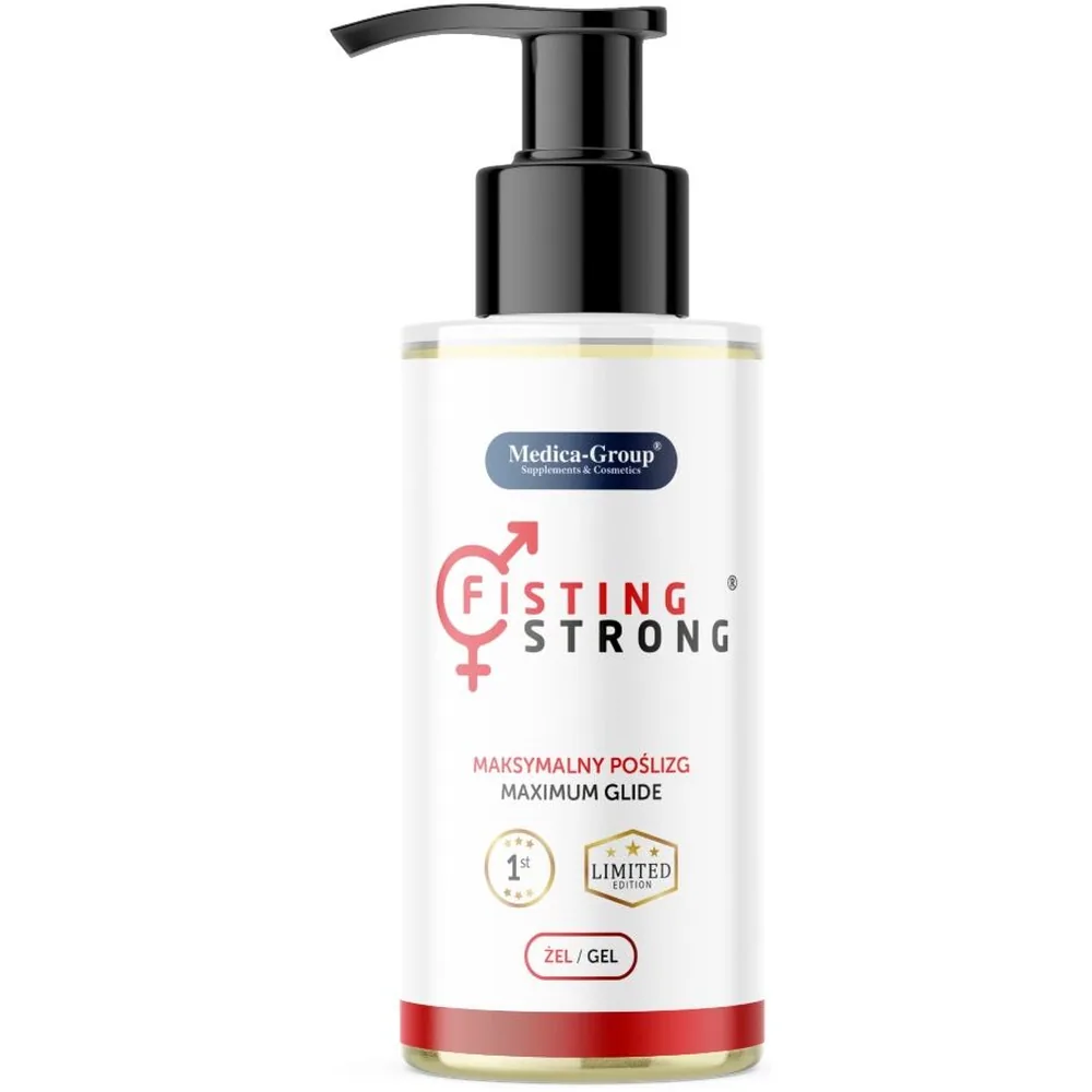 Flacon de gel anal blanc avec pompe noire, étiquette Fisting Strong, bande rouge à la base, sur fond blanc