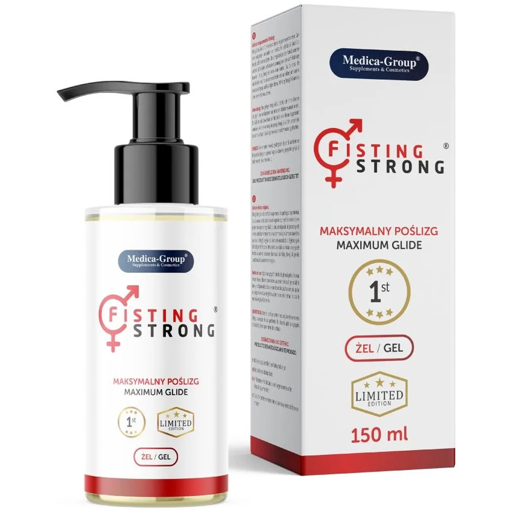 Flacon de gel anal blanc avec pompe noire, étiquette Fisting Strong, bande rouge à la base, sur fond blanc