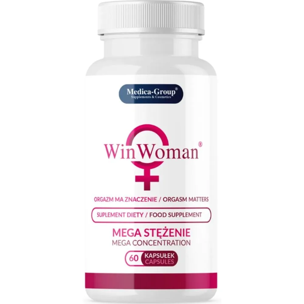 Flacon blanc de 60 capsules WinWoman avec étiquette rose et bleue de Medica-Group, complément alimentaire pour femmes