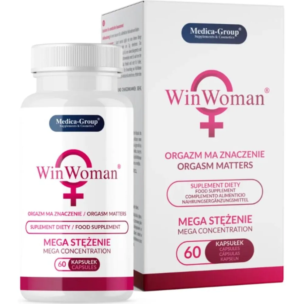 Flacon blanc de 60 capsules WinWoman avec étiquette rose et bleue de Medica-Group, complément alimentaire pour femmes