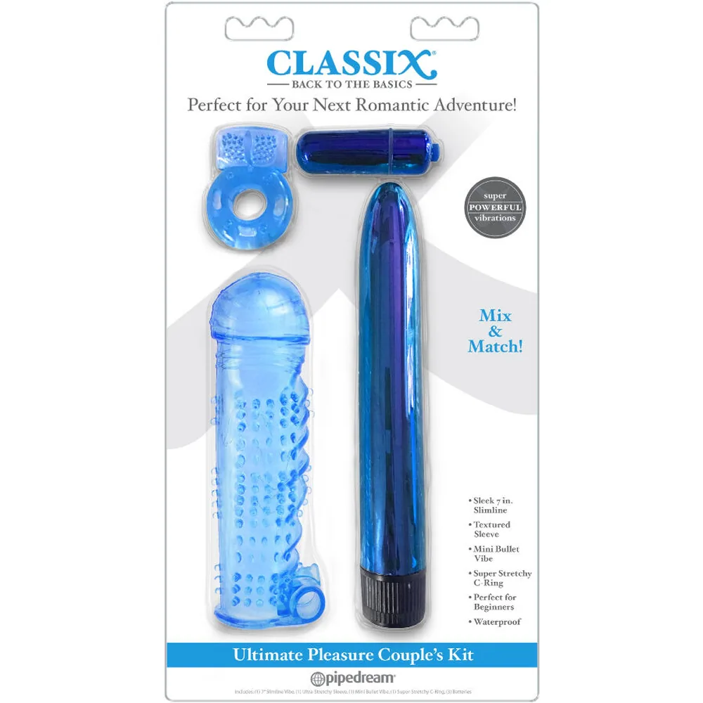 Emballage du kit Classix bleu comprenant une bague vibrante texturée, un mini bullet, une gaine extensible à picots et un vibromasseur lisse, sur fond blanc