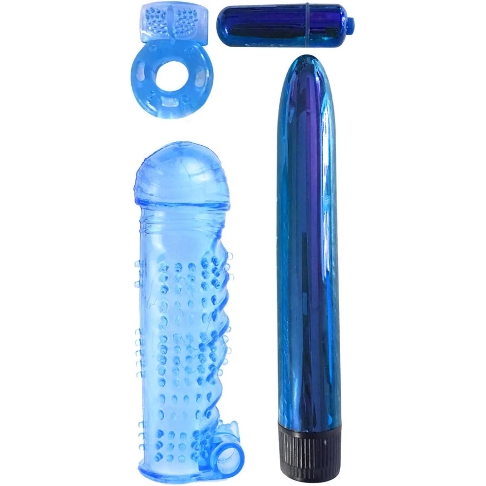 Emballage du kit Classix bleu comprenant une bague vibrante texturée, un mini bullet, une gaine extensible à picots et un vibromasseur lisse, sur fond blanc
