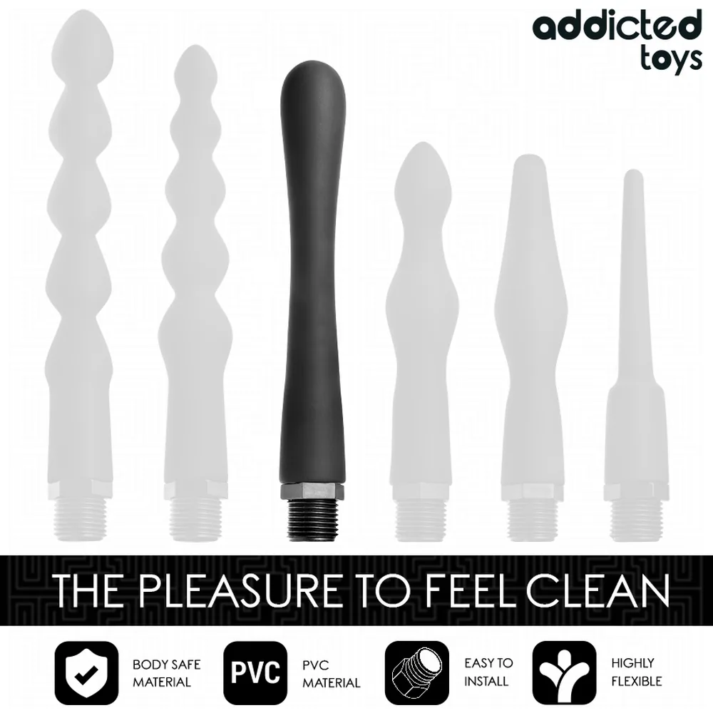Emballage et nettoyeur anal Addicted Toys en silicone noir, forme allongée avec embout filetté, présenté à côté de sa boîte blanche et noire