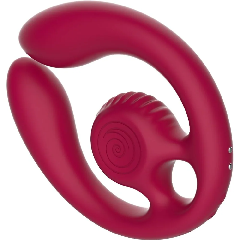 Stimulateur en silicone rose foncé, forme élancée avec embout arrondi et ailettes latérales, télécommande sur fond blanc