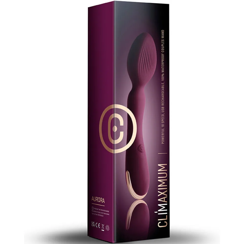 Vibrateur wand Aurora en silicone aubergine, corps ergonomique avec tête bombée striée, tige effilée et base arrondie crème, sur fond blanc