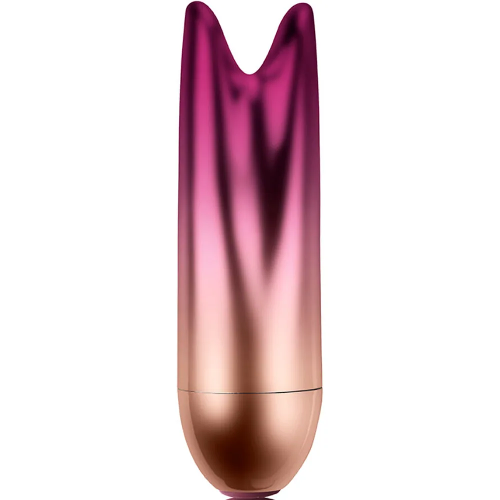 Vibrateur bullet aux extrémités effilées, dégradé de couleur du rose poudré à la base jusqu'au magenta profond aux pointes, corps lisse et brillant sur fond blanc