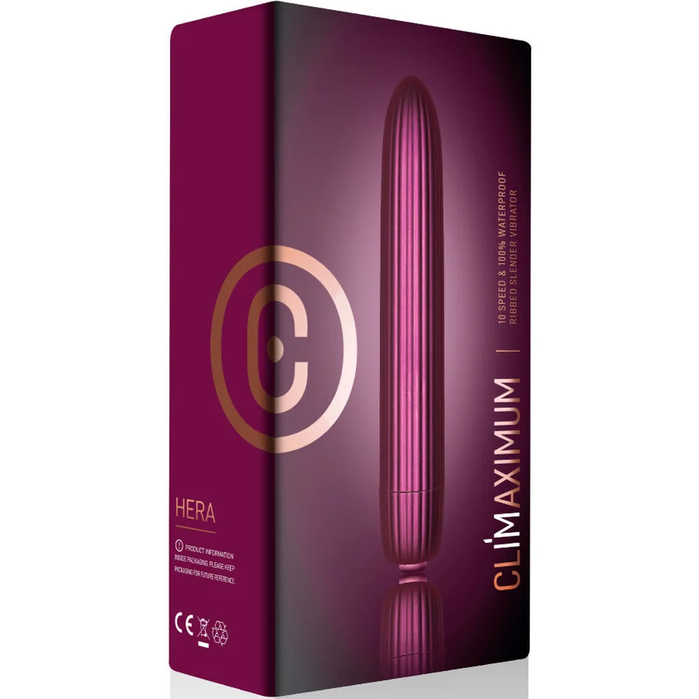 Vibrateur bullet allongé en silicone prune avec surface nervurée verticale, embout arrondi, sur fond blanc